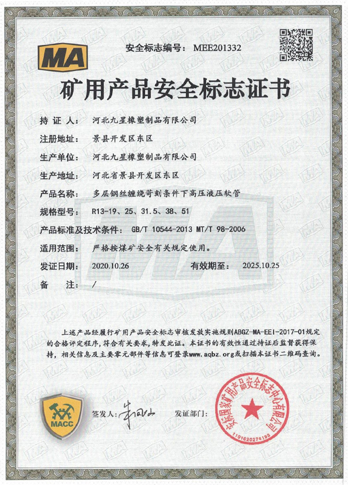 矿用产品平安标记证书
